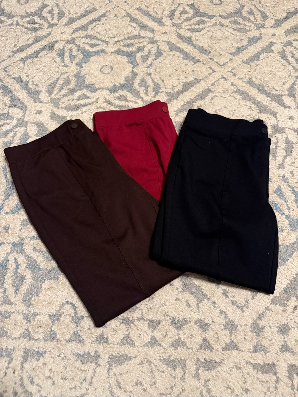 intro. Womens Petite Pull-On pants in Burgundy, Brown & Black